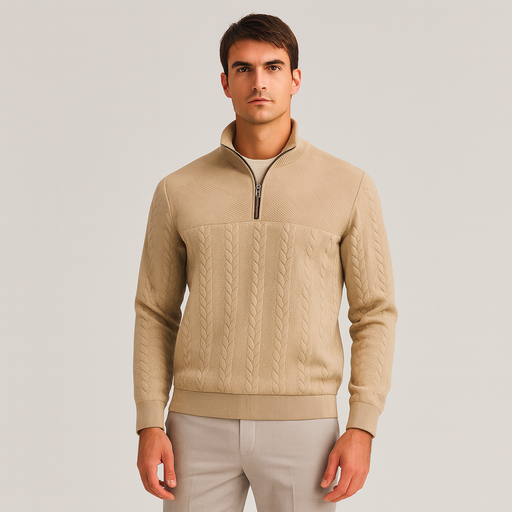 Cable Knit Merino Half-Zip Sweater High Collar for Men