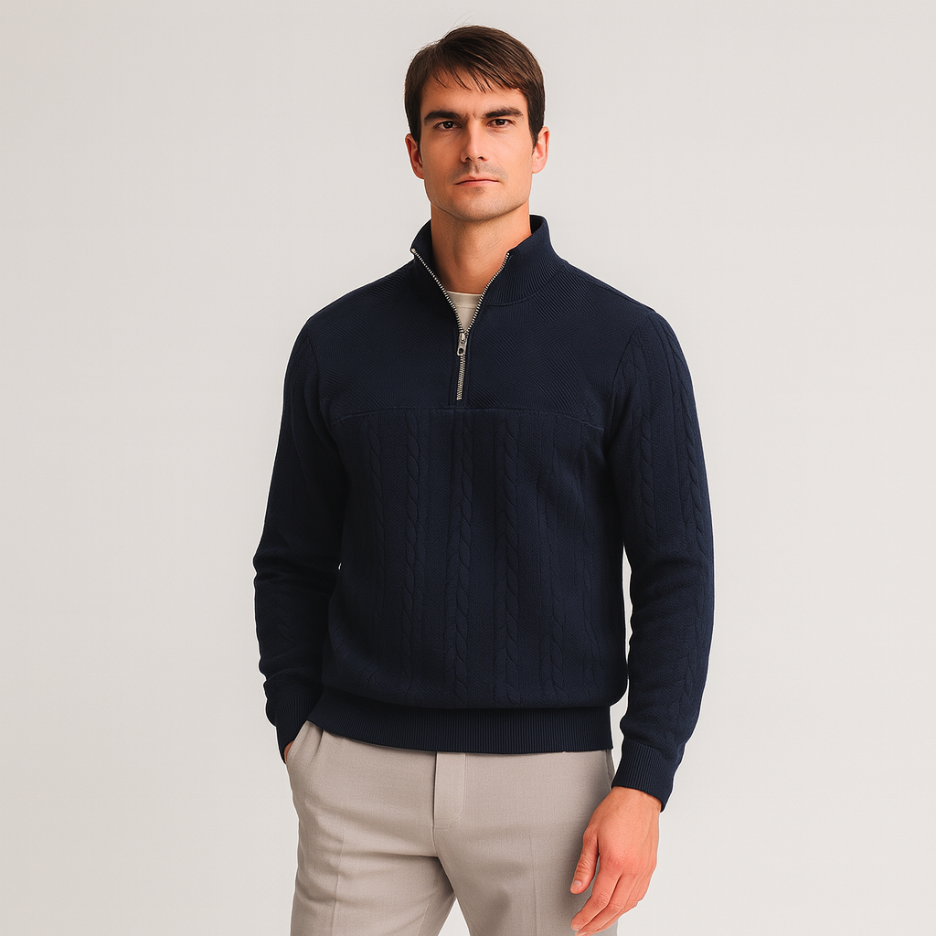 Cable Knit Merino Half-Zip Sweater High Collar for Men