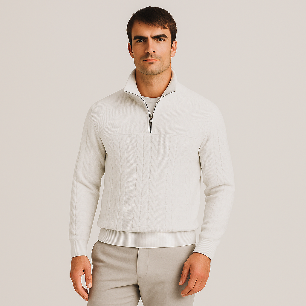 Cable Knit Merino Half-Zip Sweater High Collar for Men