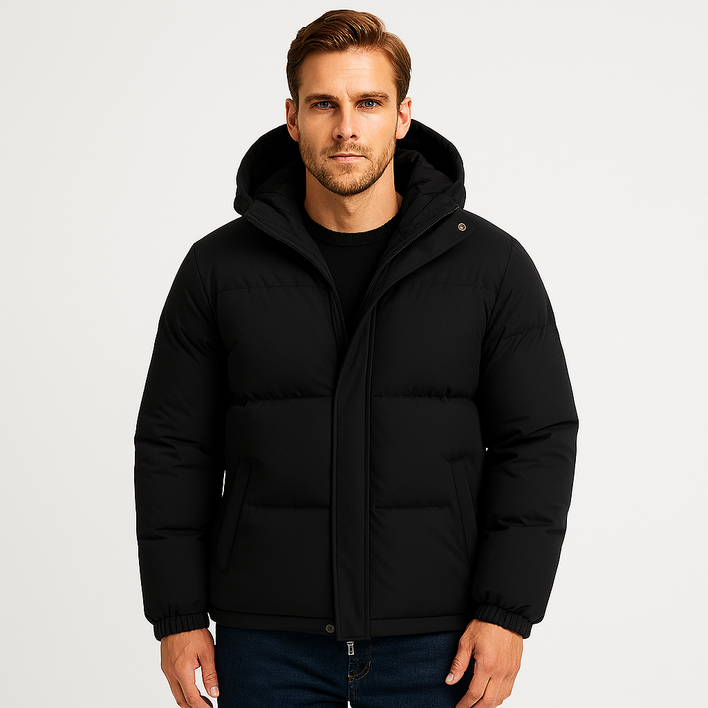 Hooded Puffer Jacket Zip-Up Snap Closure for Men