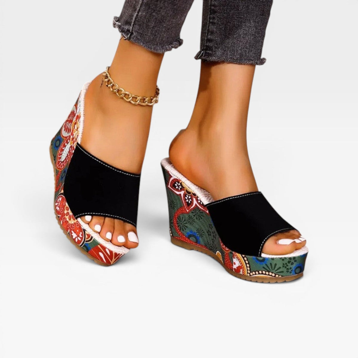 Women's Handcrafted Mixed Print Wedge Sandals