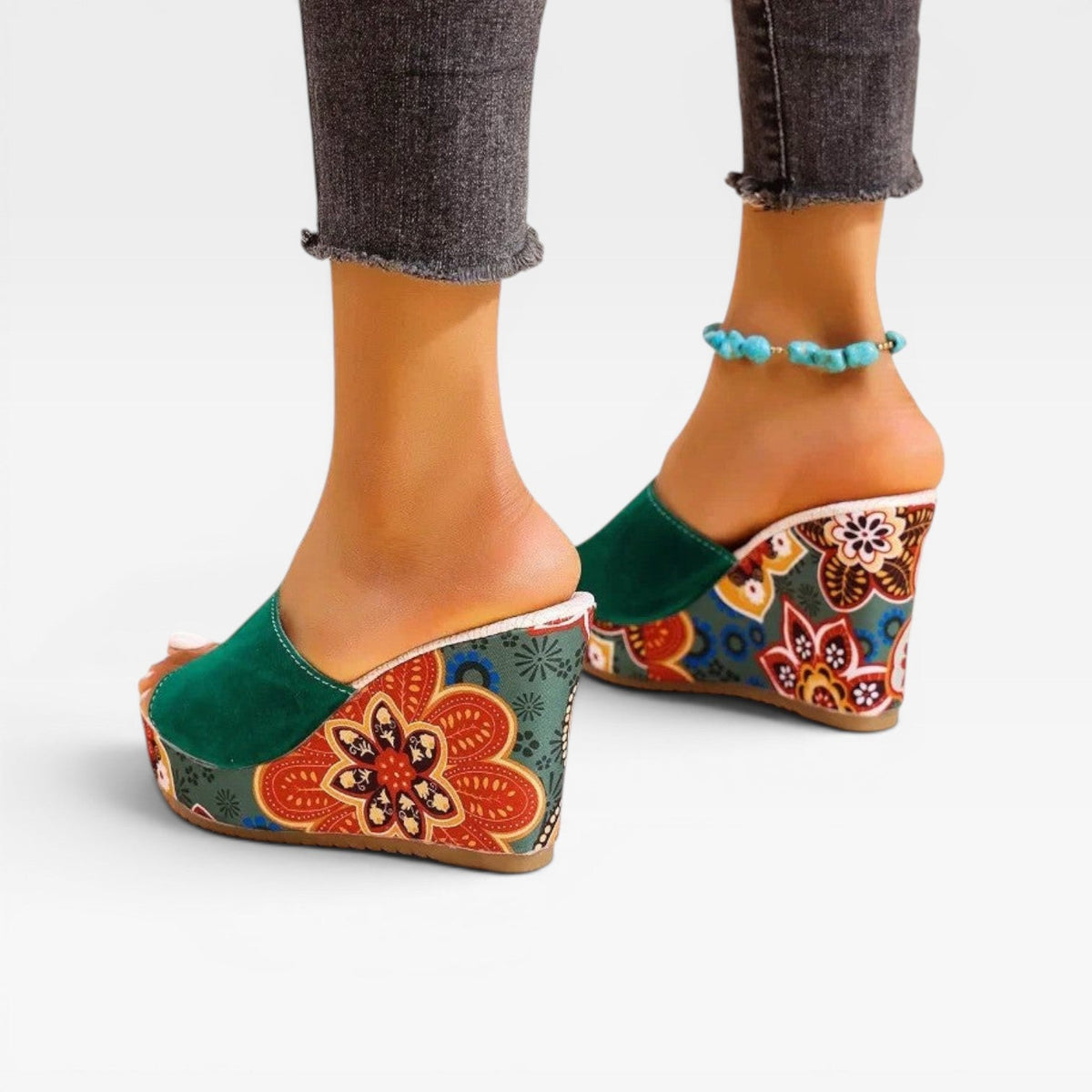 Women's Handcrafted Mixed Print Wedge Sandals