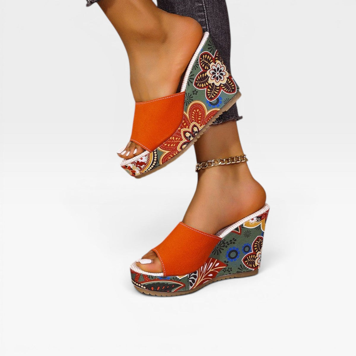 Women's Handcrafted Mixed Print Wedge Sandals