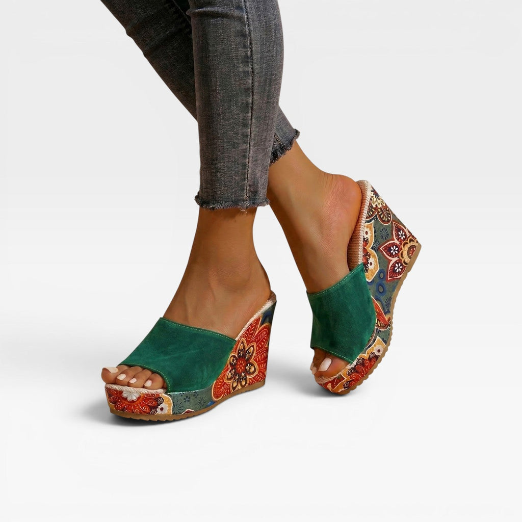 Women's Handcrafted Mixed Print Wedge Sandals