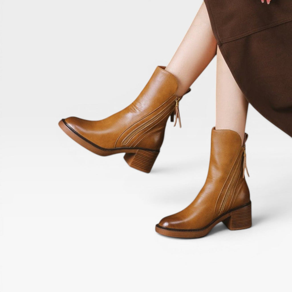 Women's Leather Ankle Boots with Stacked Heel