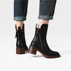 Women's Leather Ankle Boots with Stacked Heel