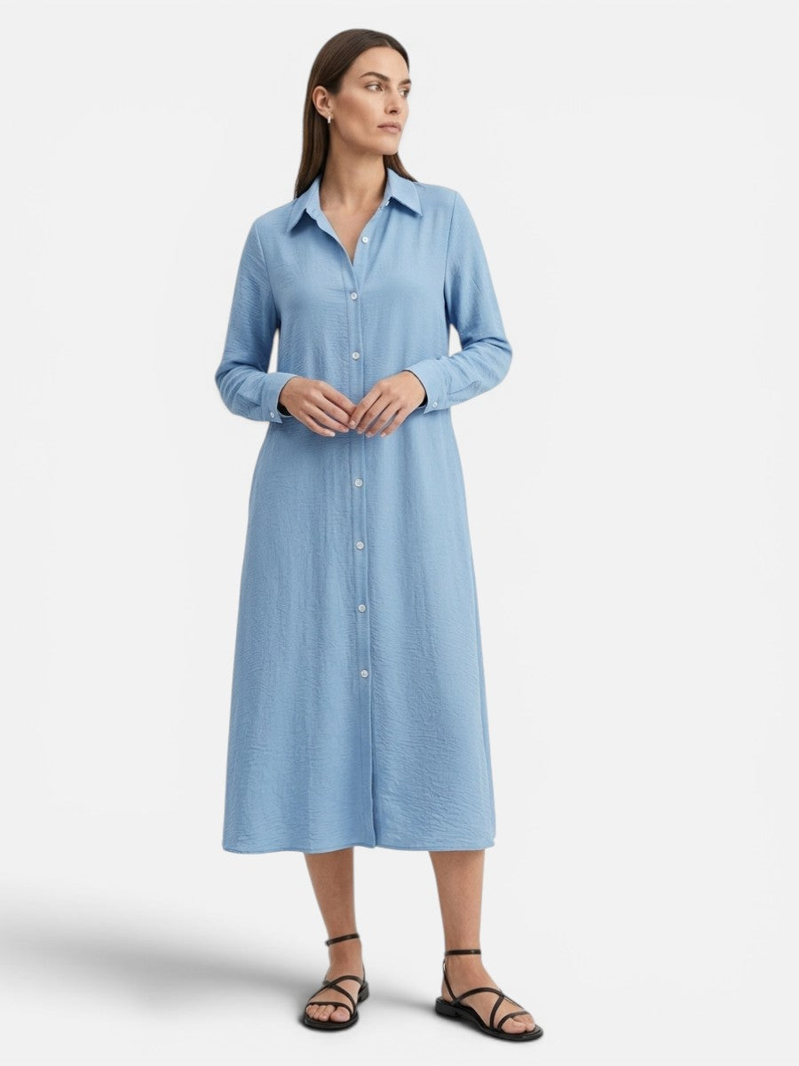 Women's Button-Front Midi Shirt Dress with Relaxed Fit