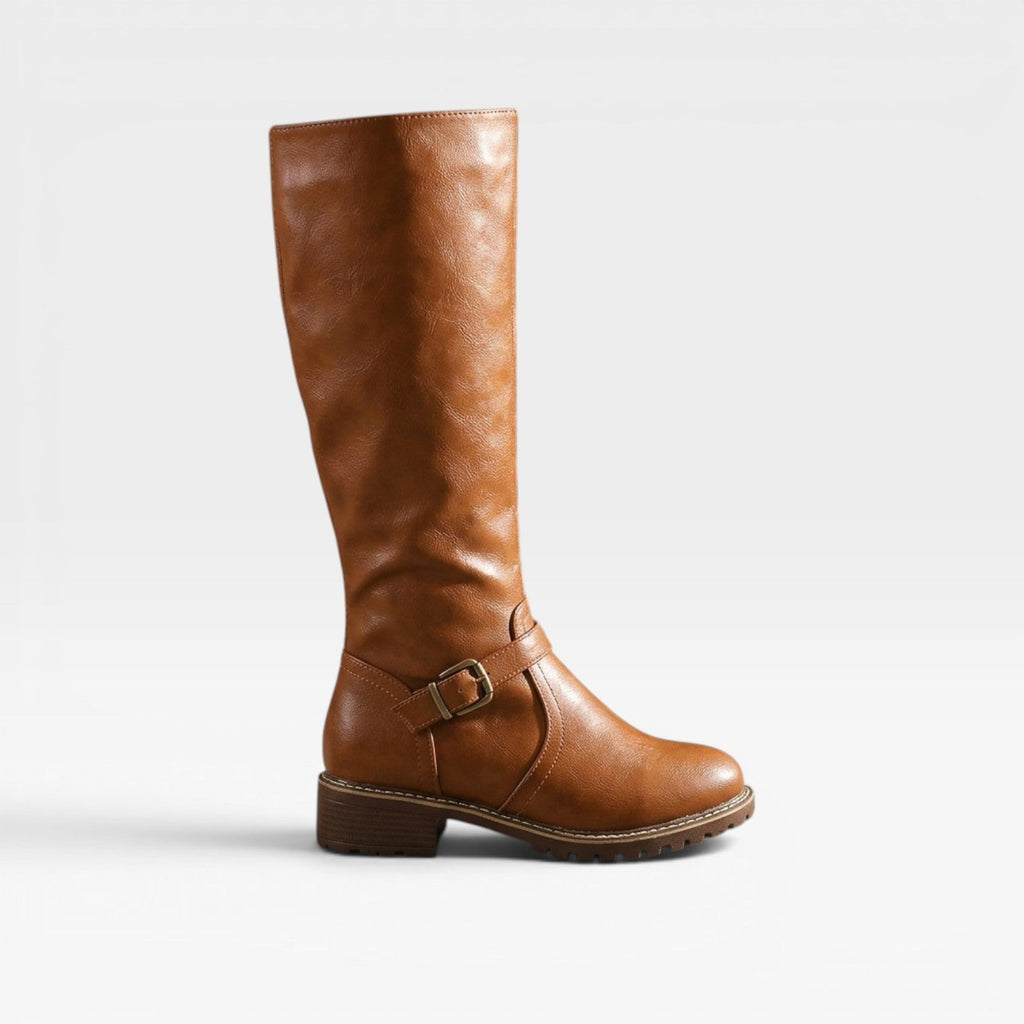 Women's Knee-High Leather Boots with Buckle Strap
