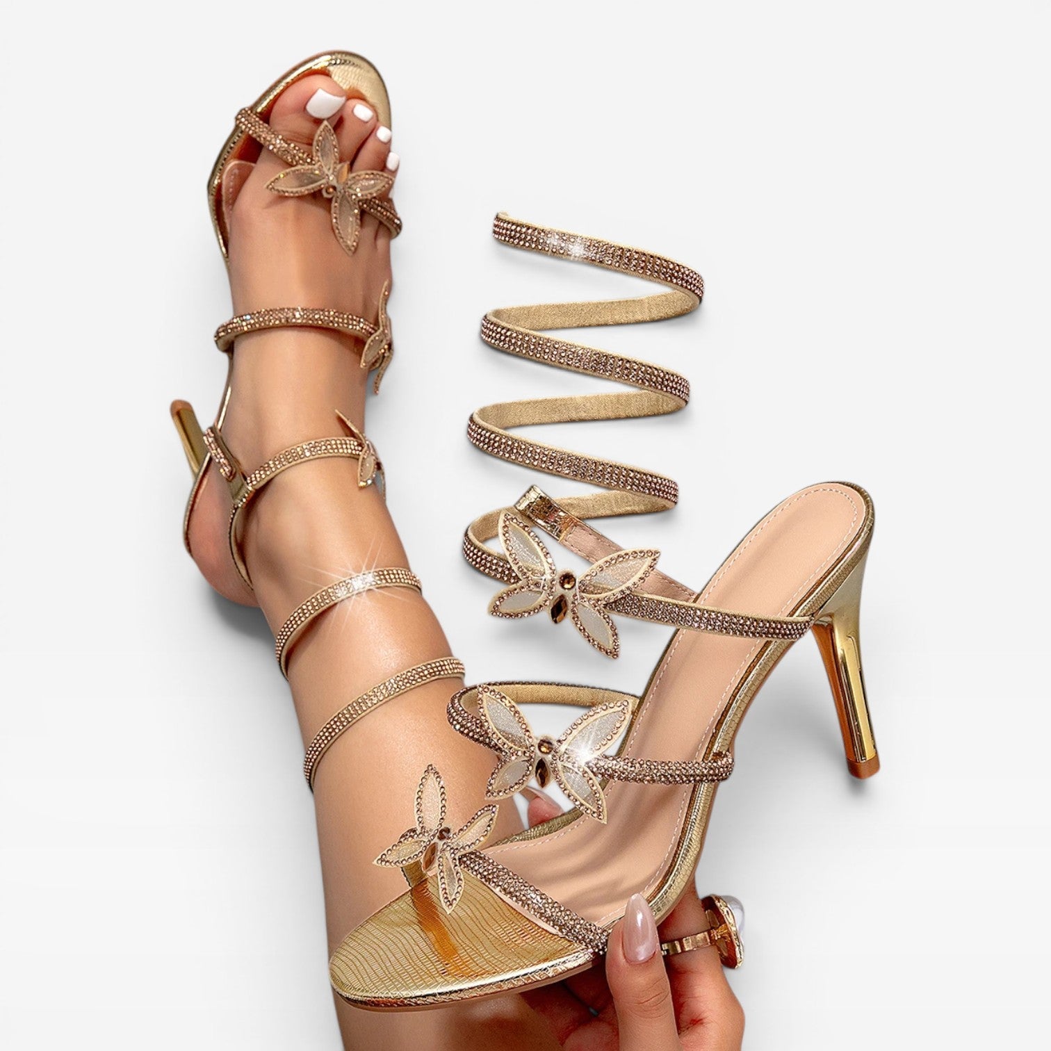 Women's Crystal Butterfly Ankle-Wrap Stiletto Sandals