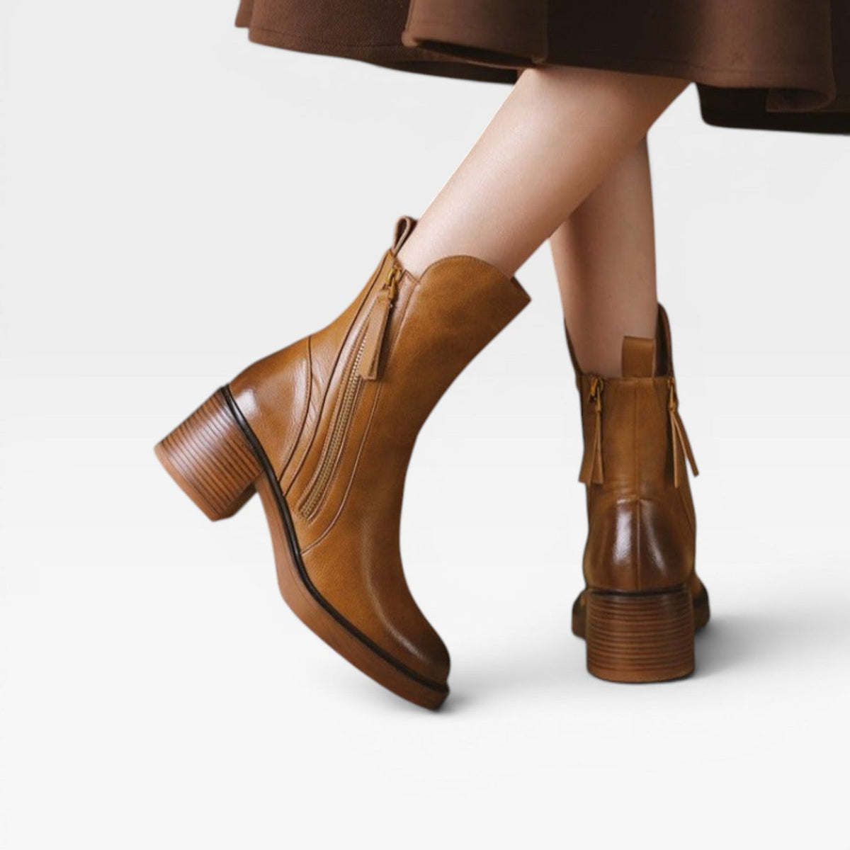 Women's Leather Ankle Boots with Stacked Heel