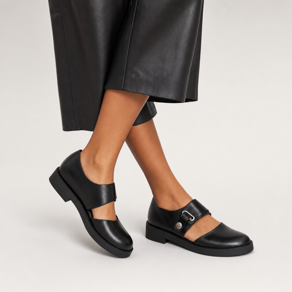 Women's Leather Mary Jane Flats with Buckle Strap
