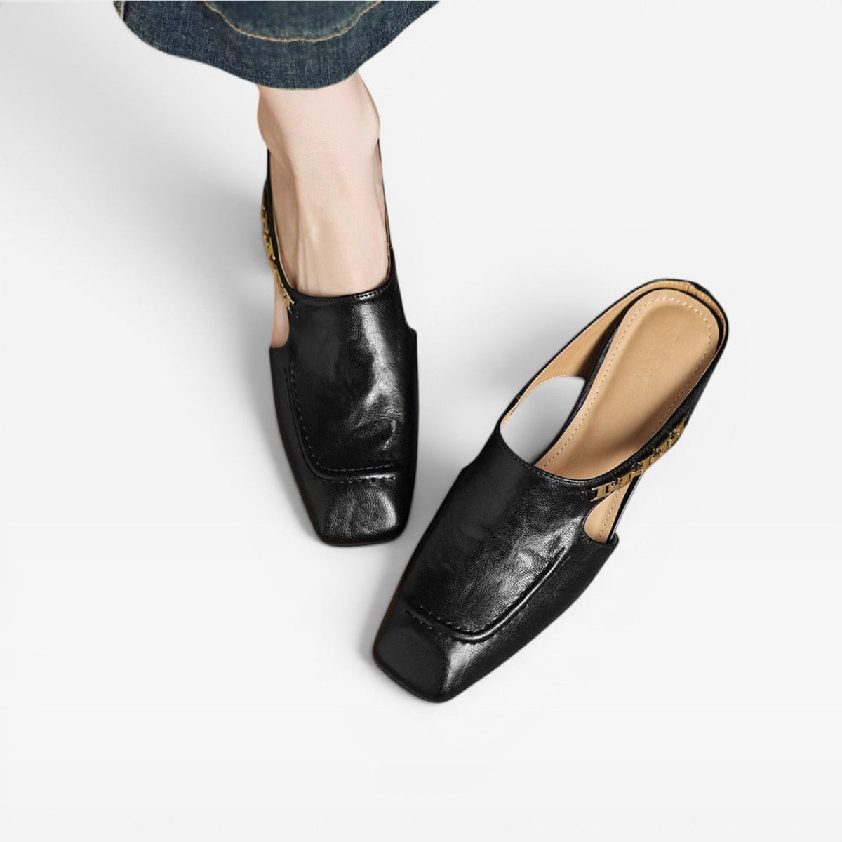 Women's Leather Square-Toe Slip-On Mules