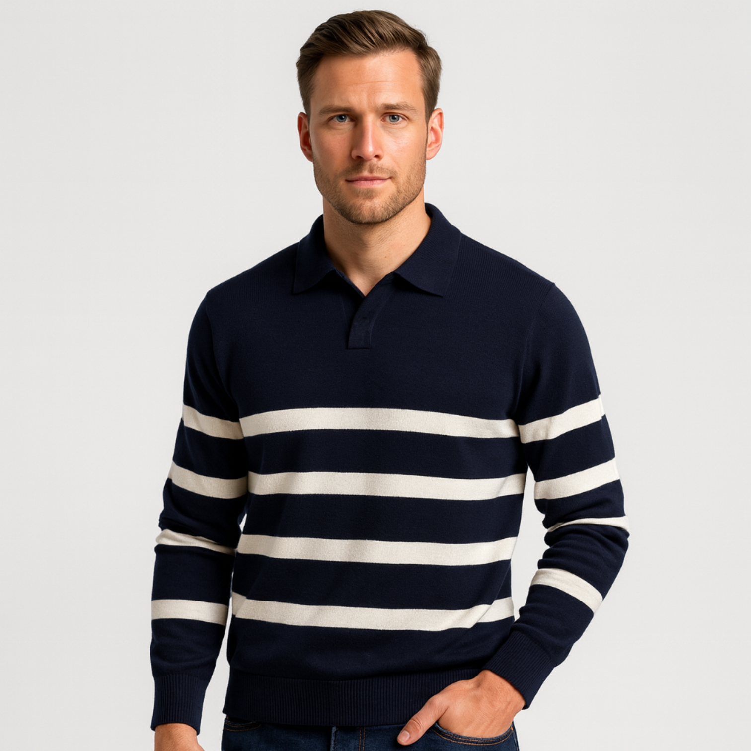 Striped Knit Polo Shirt Slim Fit Ribbed for Men