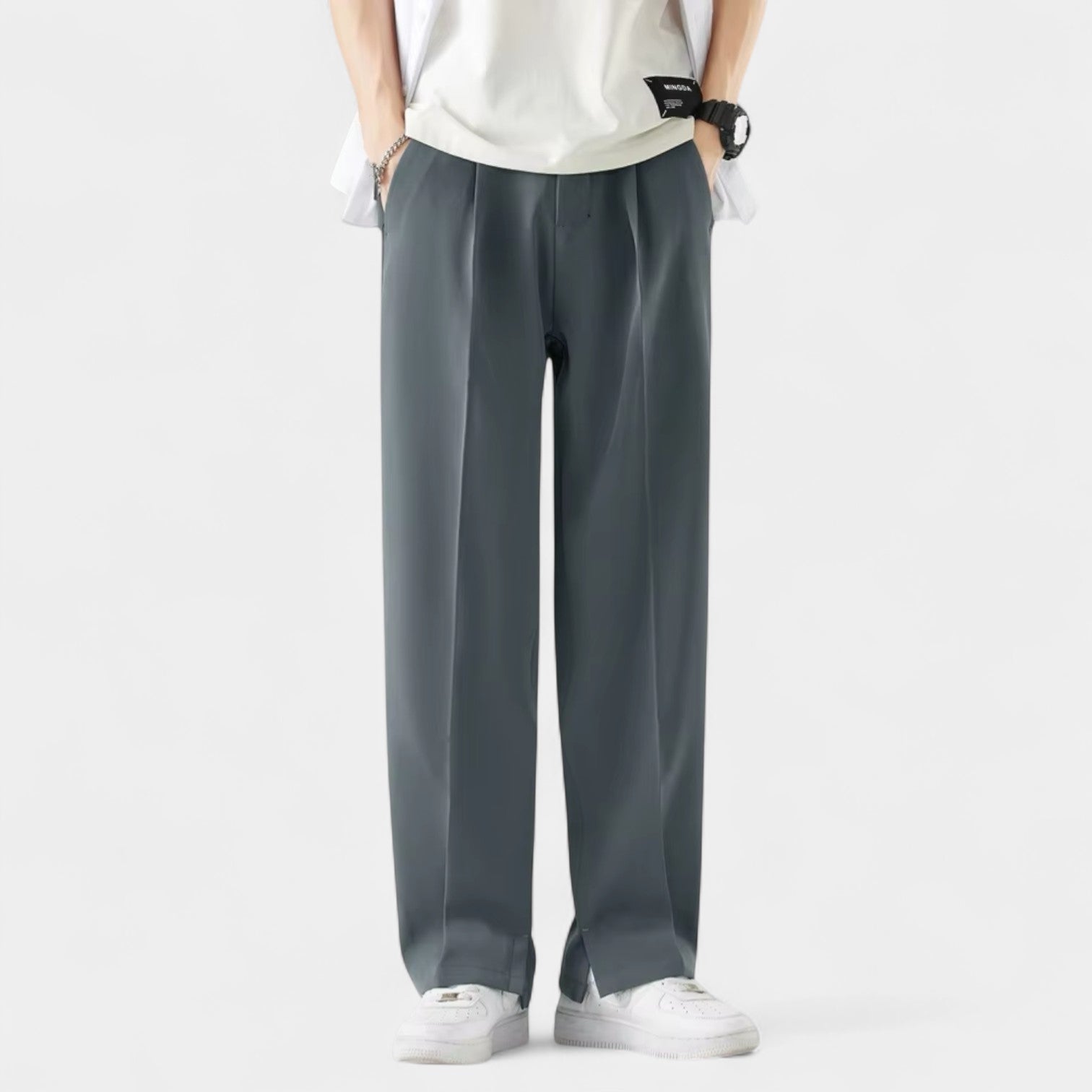 Wide Leg Straight Trousers Stretch Regular Fit for Men