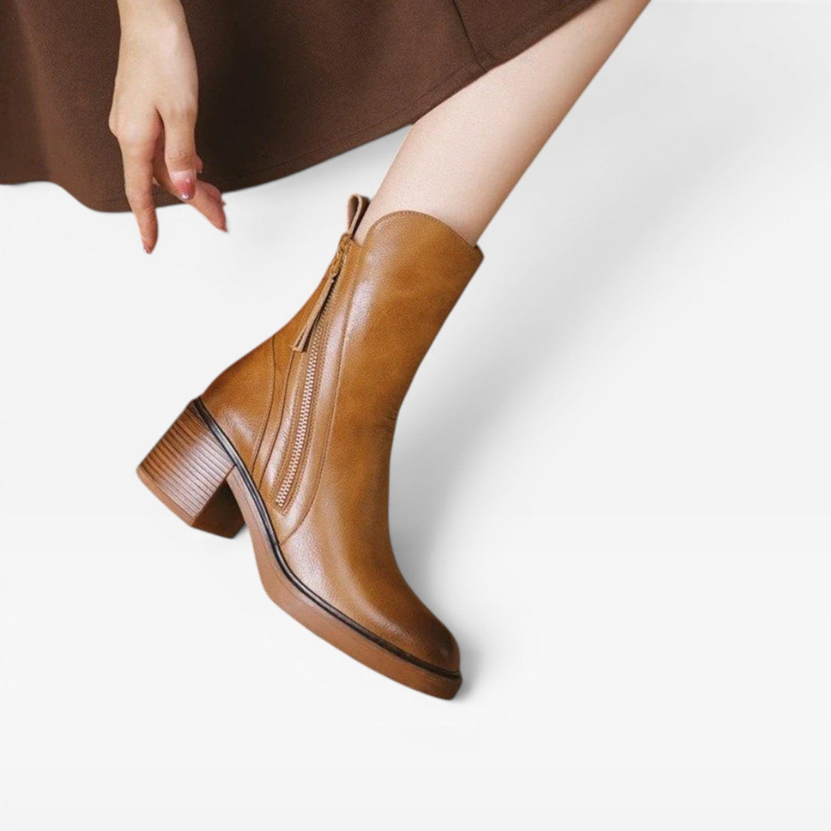 Women's Leather Ankle Boots with Stacked Heel
