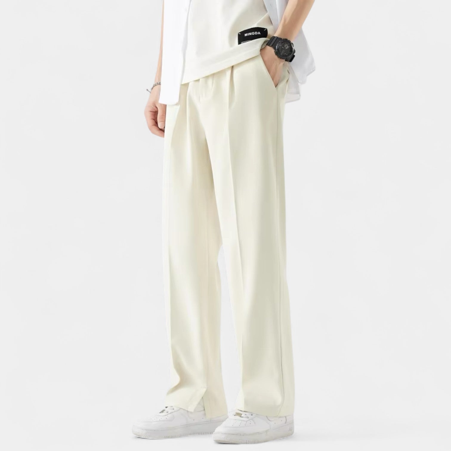 Wide Leg Straight Trousers Stretch Regular Fit for Men