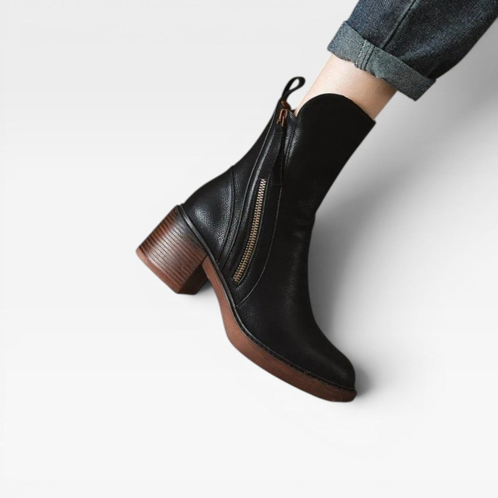Women's Leather Ankle Boots with Stacked Heel