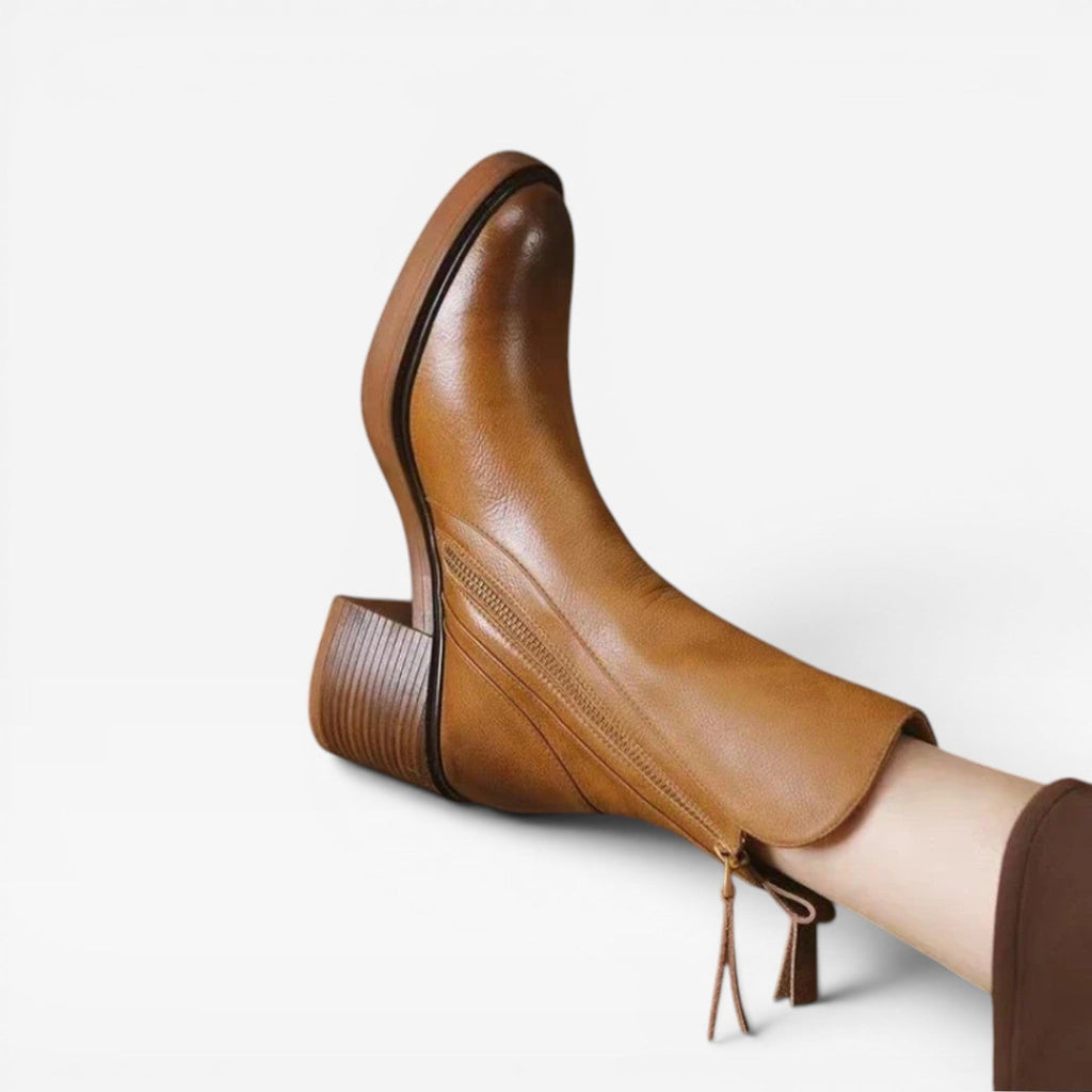 Women's Leather Ankle Boots with Stacked Heel