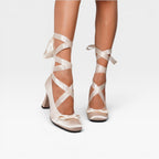 Women's Satin Ribbon Lace-Up Block Heel Pumps