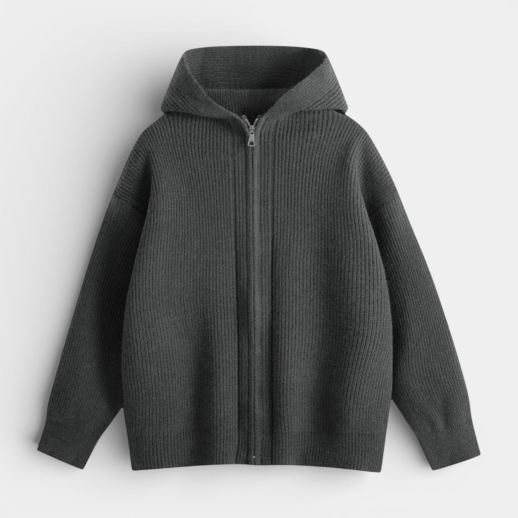 Ribbed Knit Hooded Zip Sweater Relaxed Fit for Men