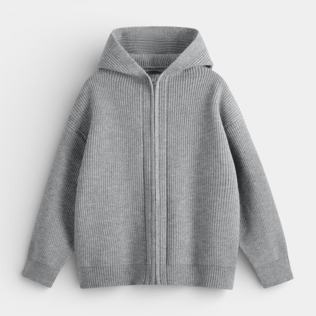 Ribbed Knit Hooded Zip Sweater Relaxed Fit for Men
