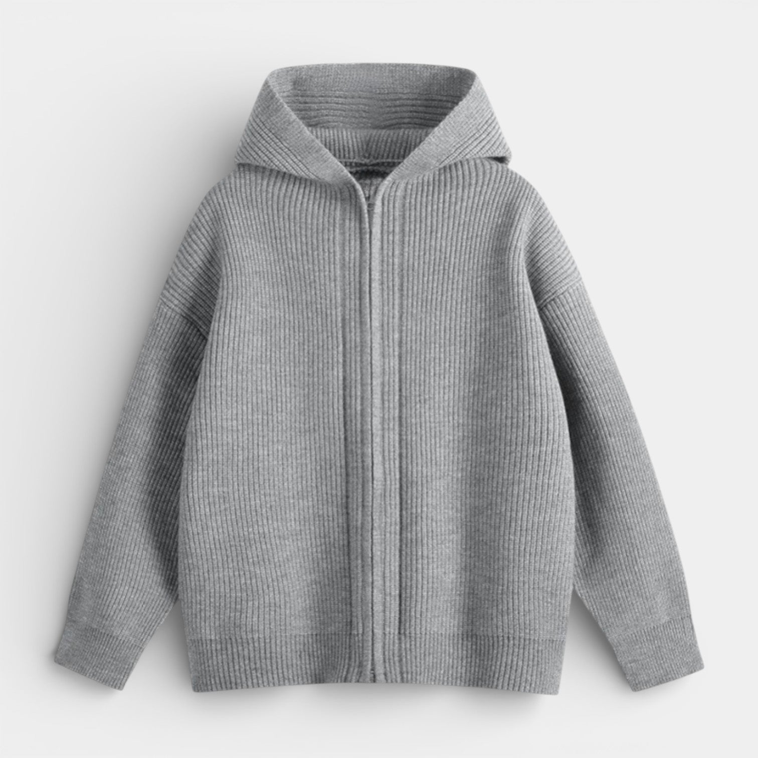 Ribbed Knit Hooded Zip Sweater Relaxed Fit for Men