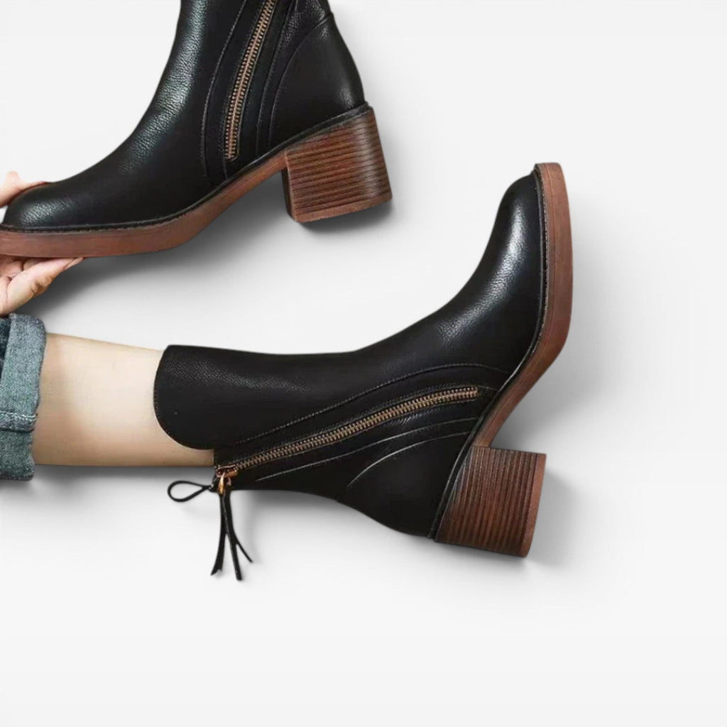 Women's Leather Ankle Boots with Stacked Heel