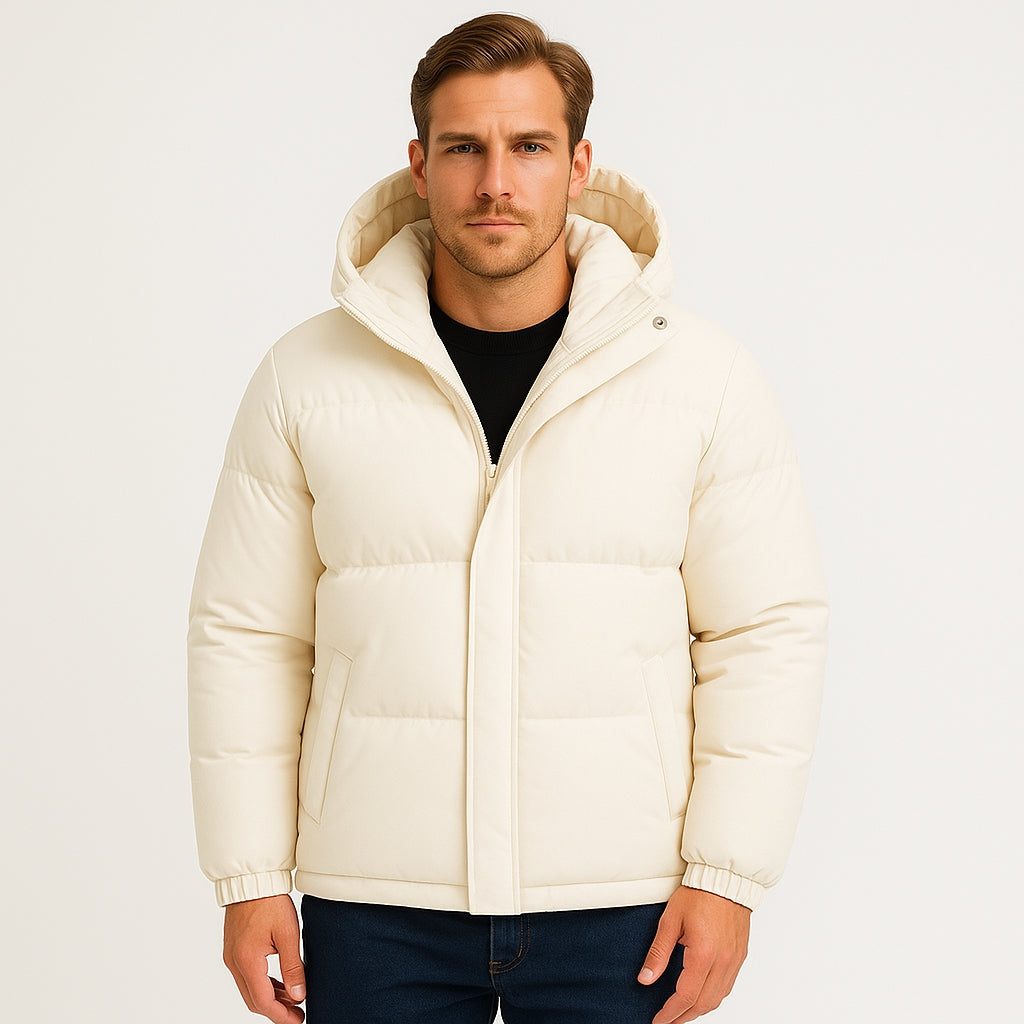 Hooded Puffer Jacket Zip-Up Snap Closure for Men