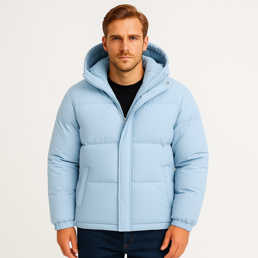 Hooded Puffer Jacket Zip-Up Snap Closure for Men