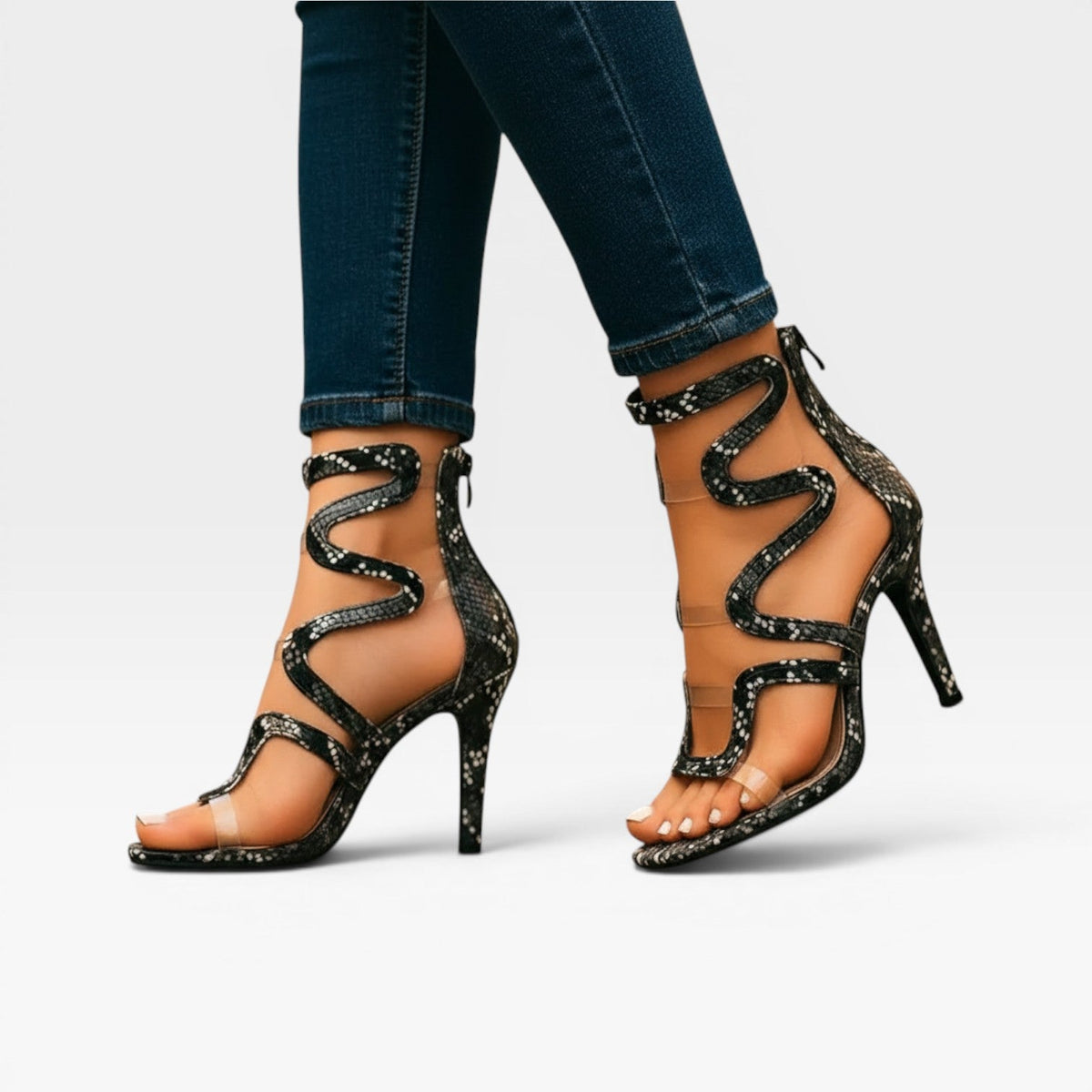 Women's Reptile-Embossed Spiral Ankle Wrap Heels