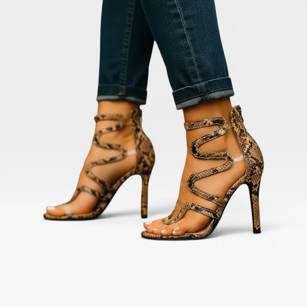 Women's Reptile-Embossed Spiral Ankle Wrap Heels