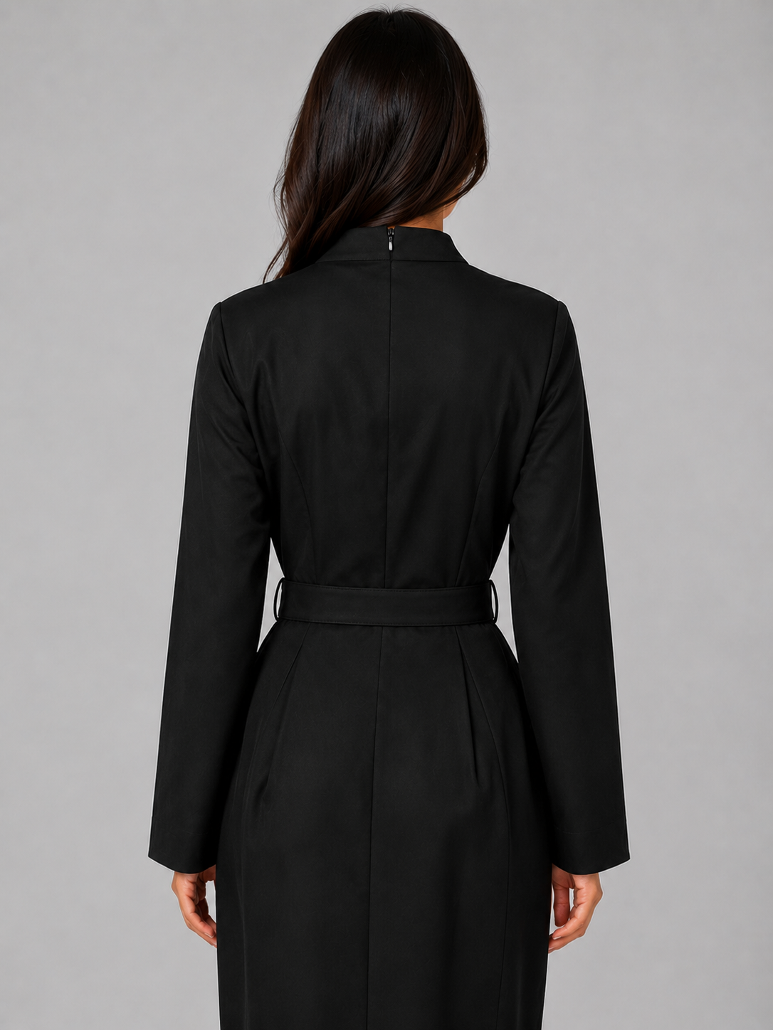Women's Belted V-Neck Tailored Midi Dress