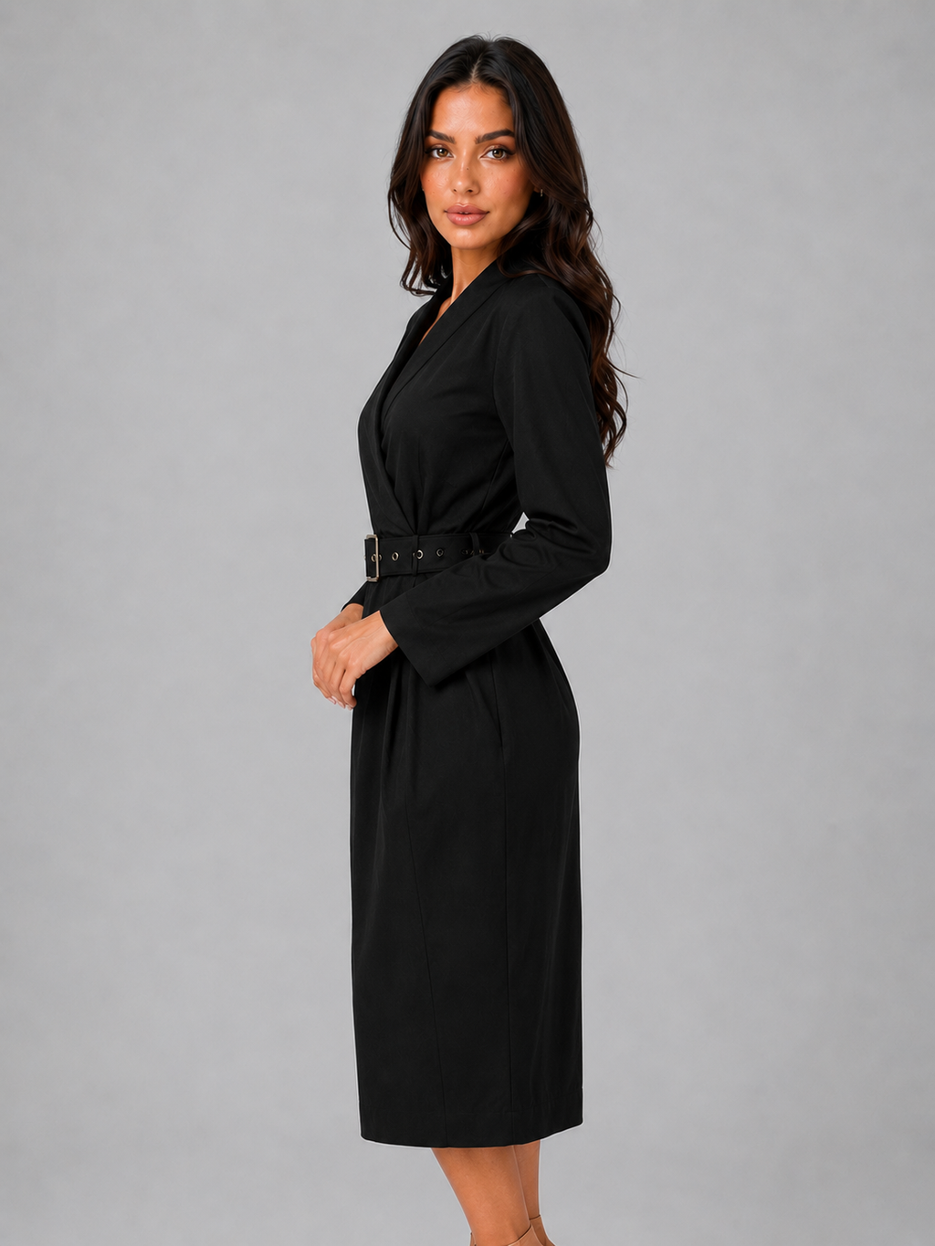 Women's Belted V-Neck Tailored Midi Dress