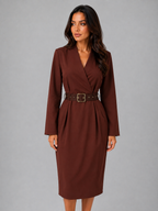 Women's Belted V-Neck Tailored Midi Dress