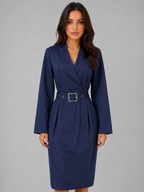 Women's Belted V-Neck Tailored Midi Dress