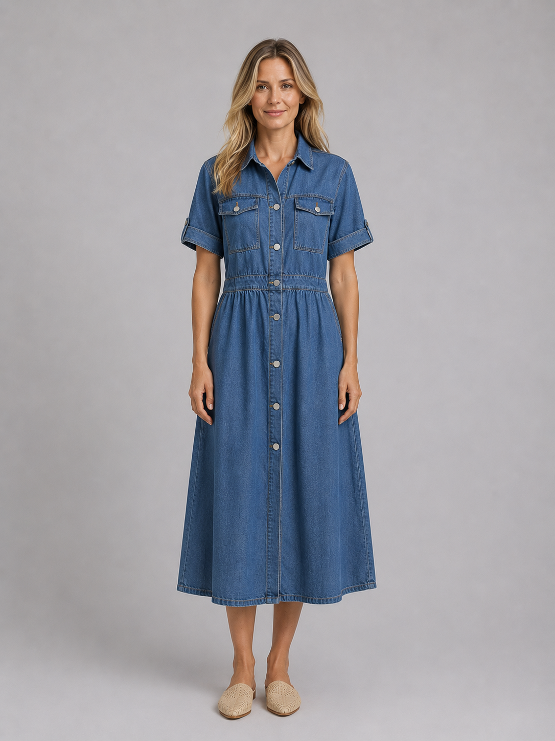 Women's Button Front Denim Midi Dress