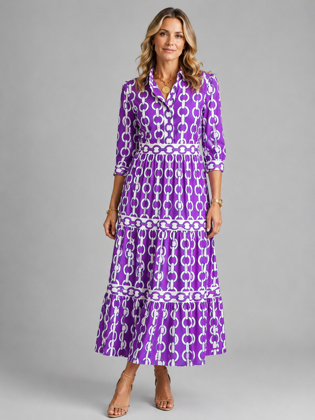 Women's Chain Print Midi Dress with Relaxed Fit