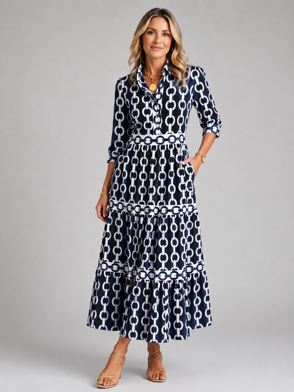 Women's Chain Print Midi Dress with Relaxed Fit