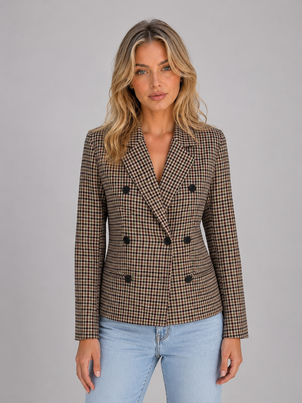 Women's Checked Double Breasted Tailored Blazer