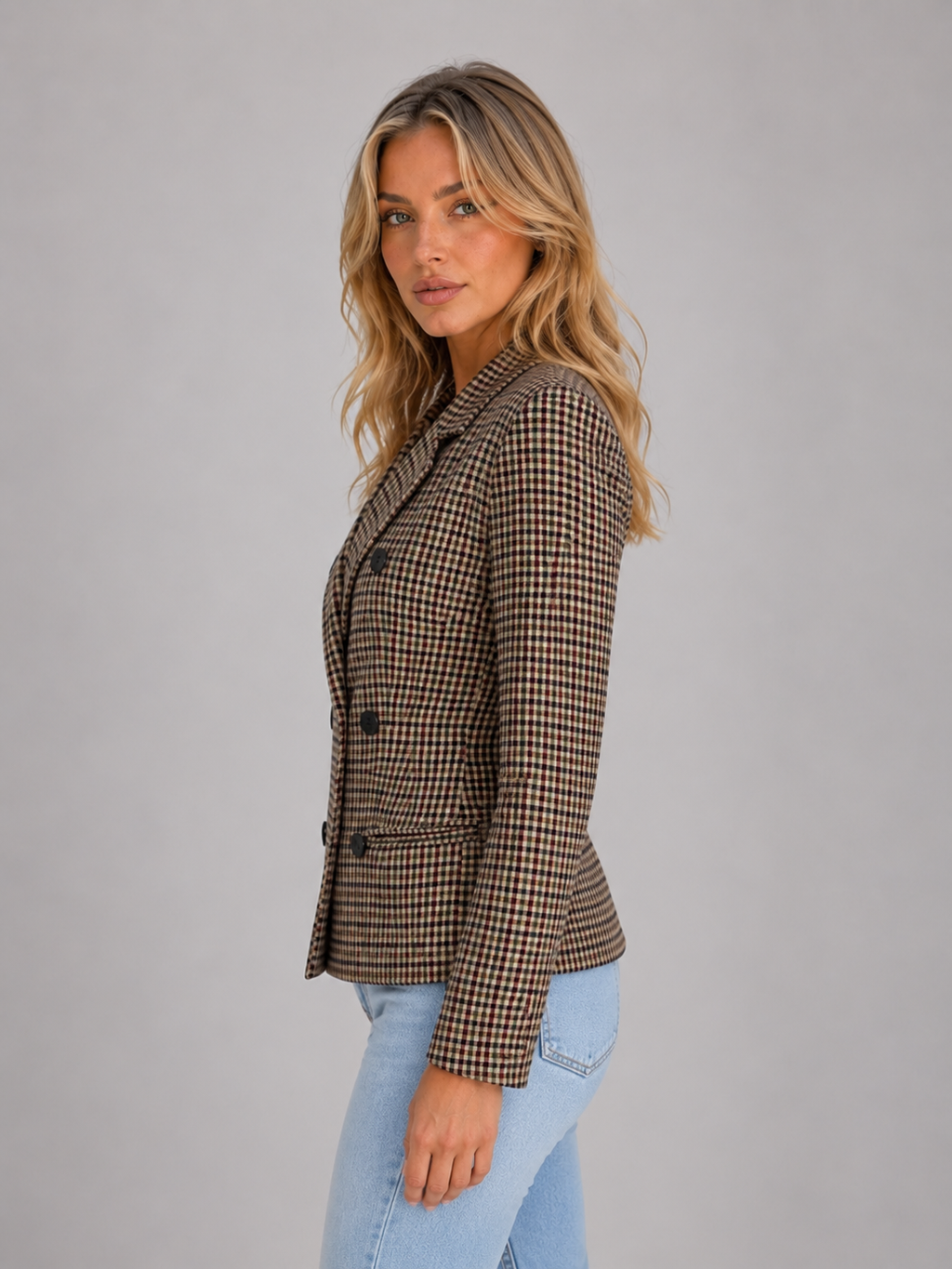 Women's Checked Double Breasted Tailored Blazer