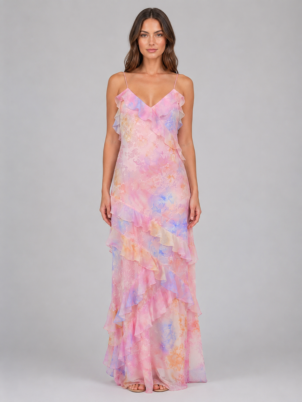Women's Chiffon Floral Ruffle Maxi Dress