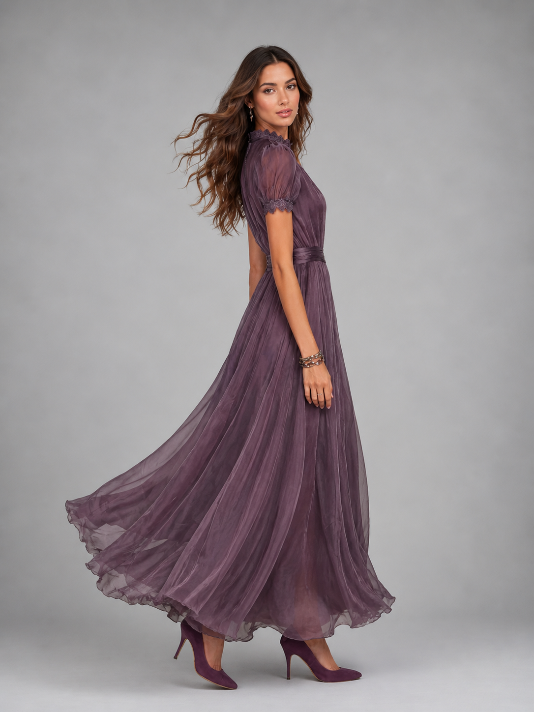 Women's Chiffon Maxi Dress with Lace Trim Detail