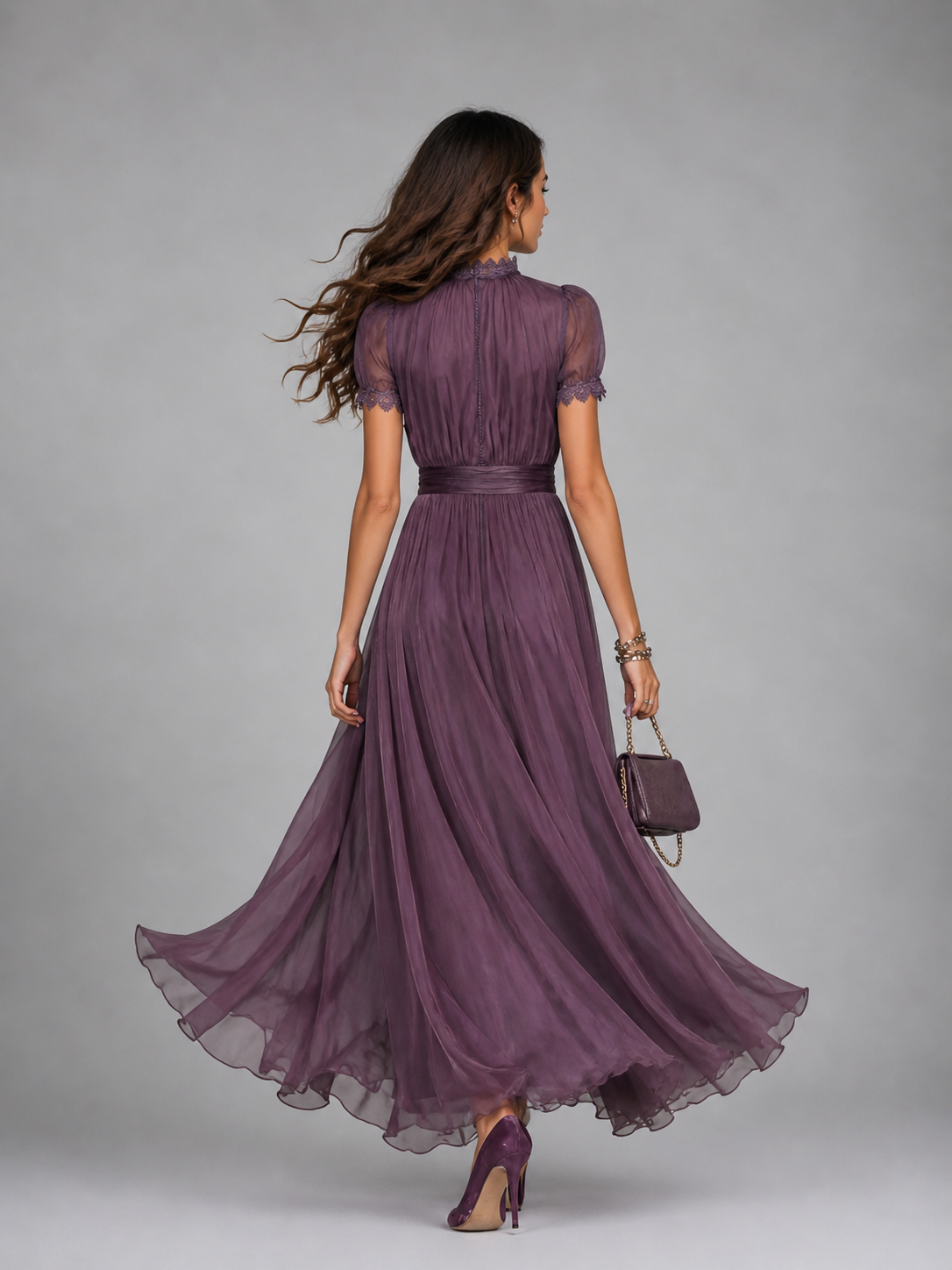 Women's Chiffon Maxi Dress with Lace Trim Detail