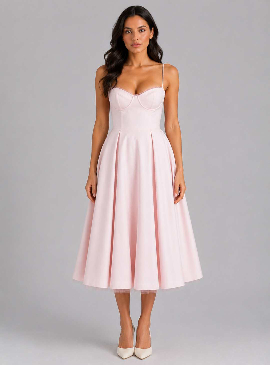 Women's Corset Midi Dress with Full Skirt