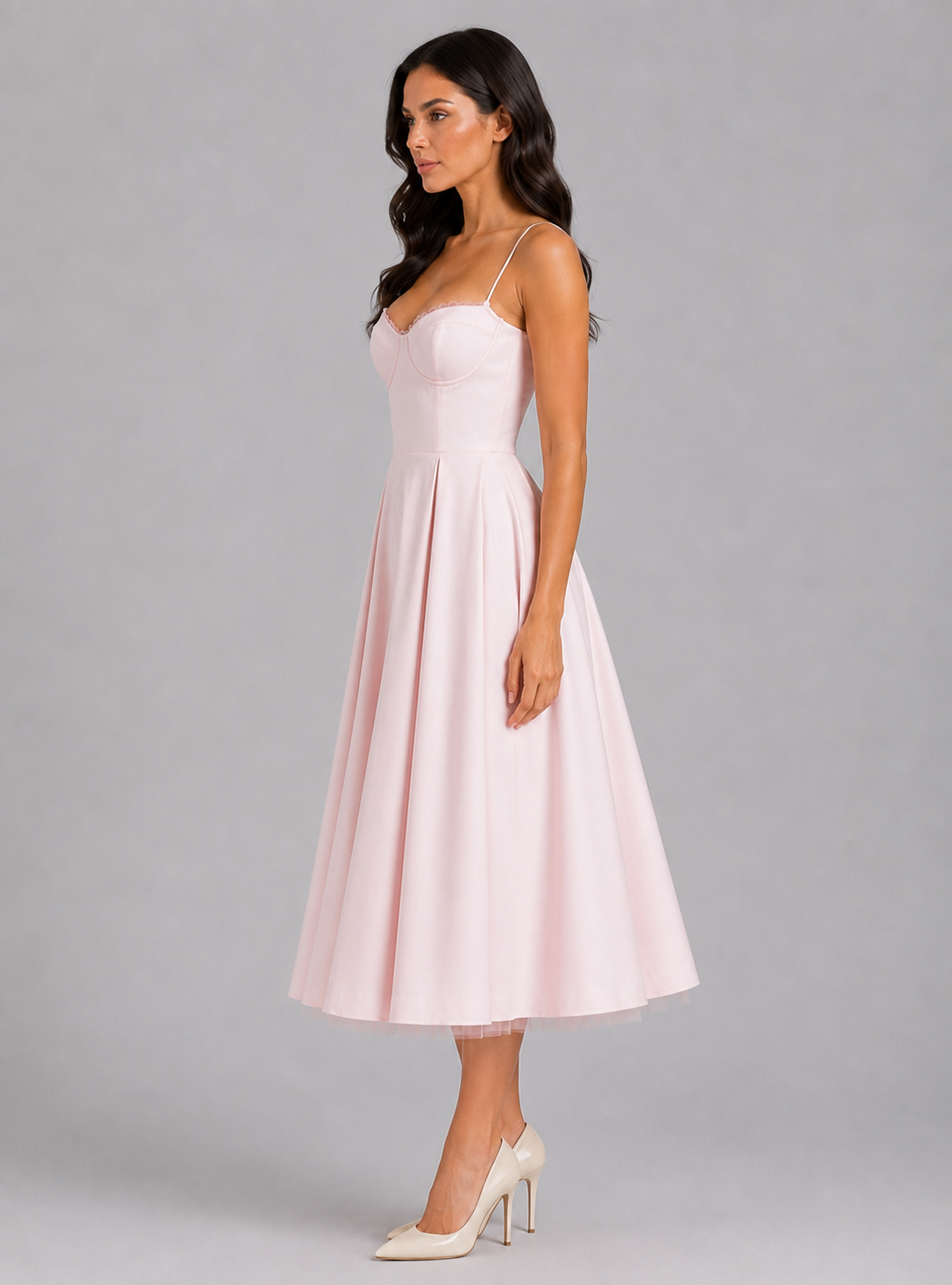 Women's Corset Midi Dress with Full Skirt