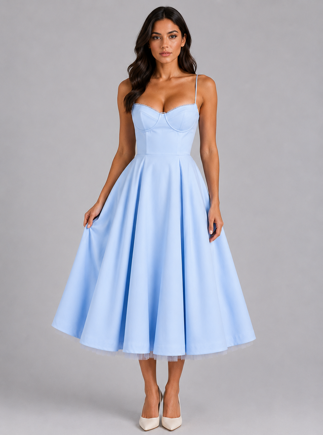 Women's Corset Midi Dress with Full Skirt