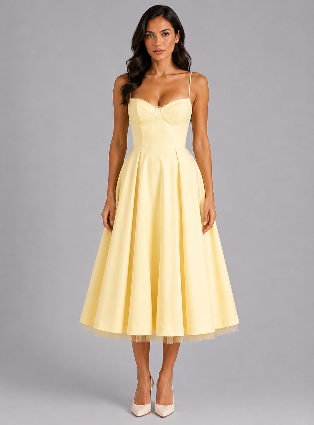 Women's Corset Midi Dress with Full Skirt