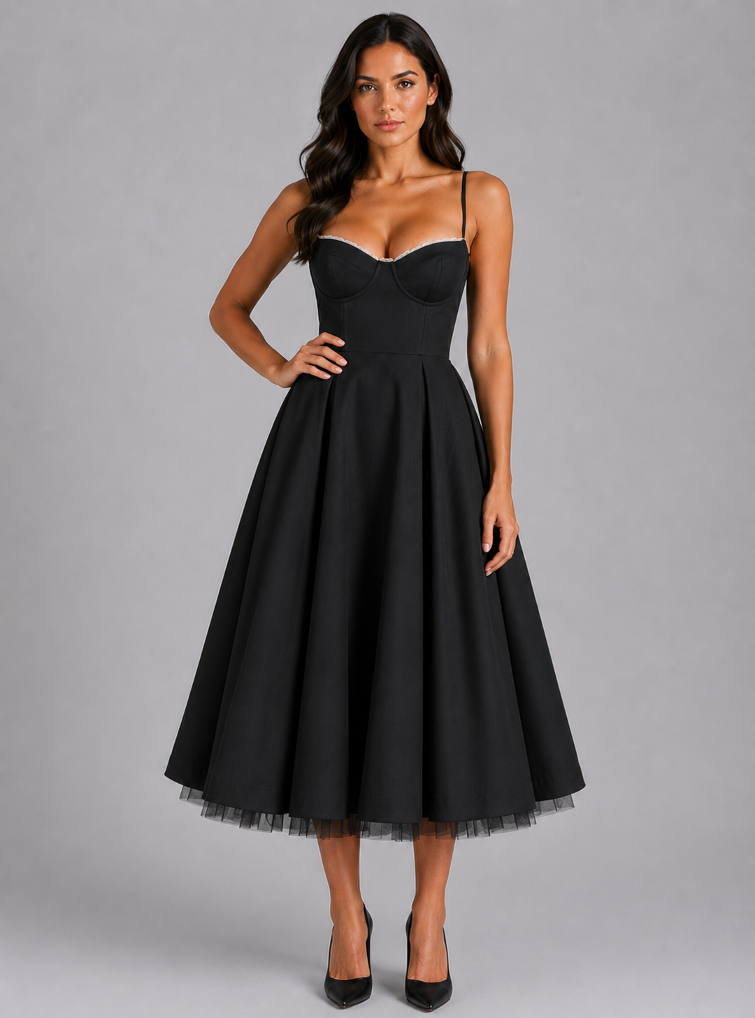 Women's Corset Midi Dress with Full Skirt