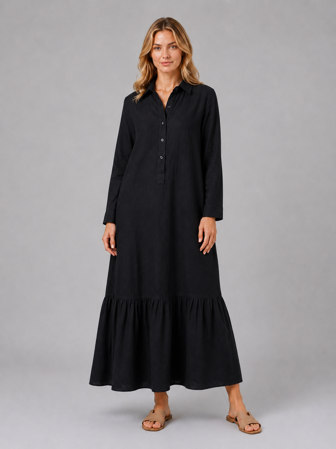 Women's Cotton Blend Tiered Maxi Shirt Dress