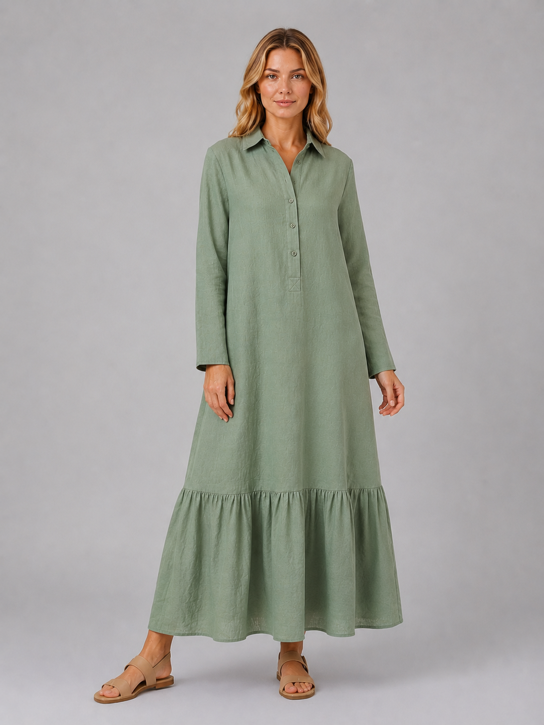 Women's Cotton Blend Tiered Maxi Shirt Dress